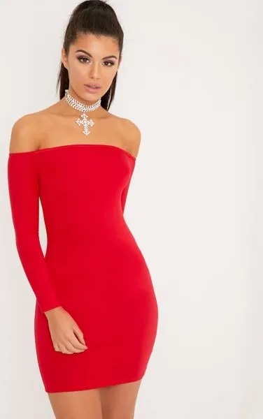 Red Long Sleeve Cold Shoulder Bodycon Dress