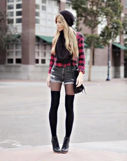 Black and Red Plaid Button Up Shirt with Mini Denim Shorts & Thigh High Tights