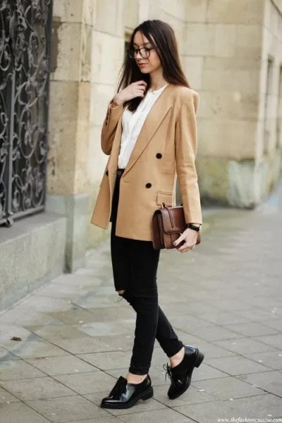 Crepe Double Breasted Blazer with White Blouse & Black Jeans