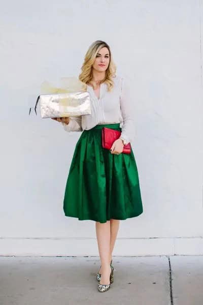 Slim Fit Blouse with Green Silk Flare Midi Skirt