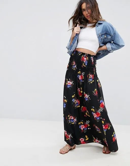 High Waisted Floral Skirt with Denim Jacket