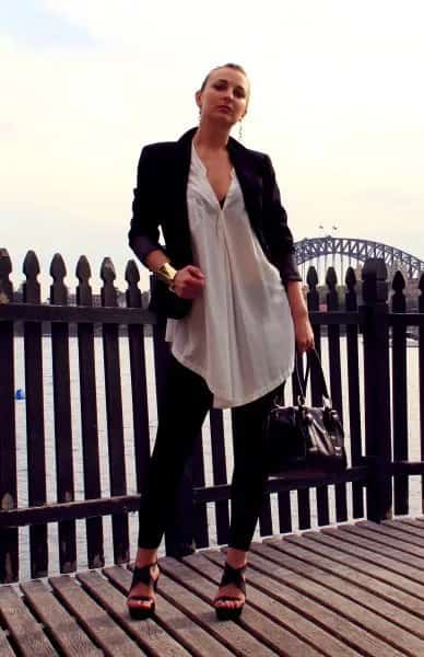 White Chiffon Semi-Sheer Long Shirt with Blazer & Leggings