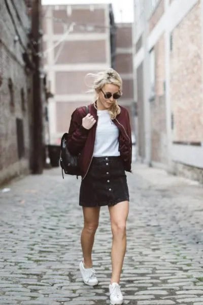 Maroon Bomber Jacket with Black Button Front Corduroy Mini Skirt