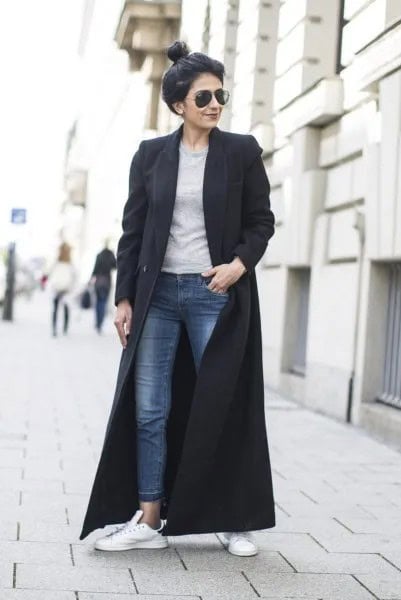 Black Maxi Wool Coat with Grey Sweatshirt & Ankle Jeans