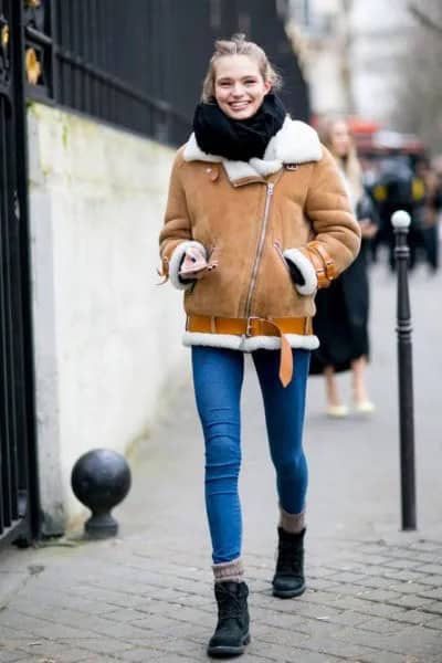 Green Zip Front Shearling Jacket with Blue Skinny Jeans