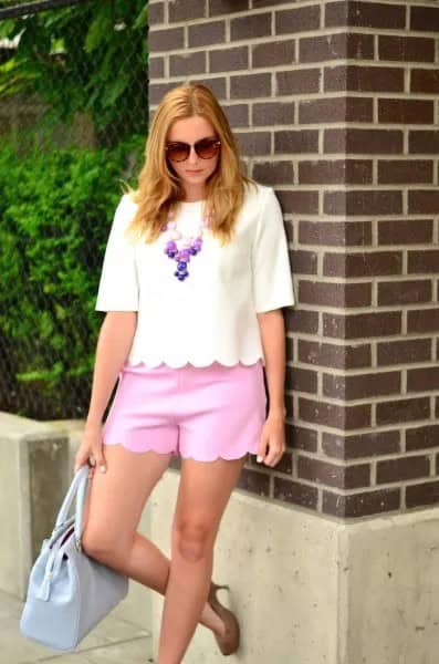 White Half Sleeve T Shirt with Neon Pink Scalloped Mini Shorts