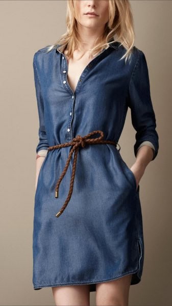 Dark Blue Button Front Long Sleeve Unwashed Denim Tunic