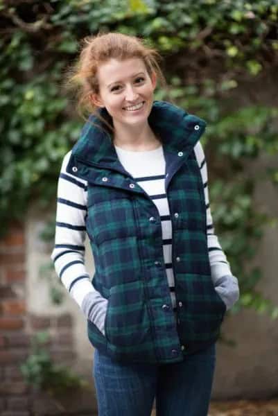 Grey and Navy Plaid Vest with White and Navy Striped Sweater