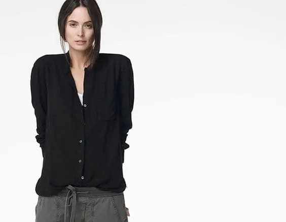 Black Collarless Boyfriend Shirt with Grey Elastic Waist Pants