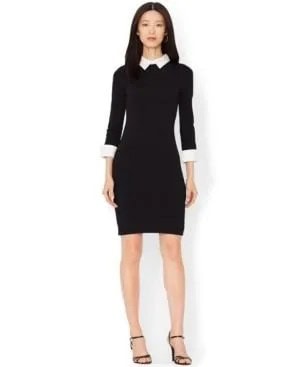 Bodycon Knee Length Black Dress with White Collar & Open Toe Heels