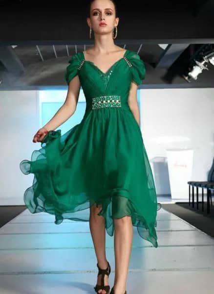 Green Cap Sleeve Chiffon Midi Flared Dress