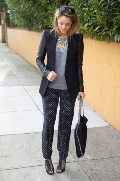 Black Blazer with Grey Sweater & Polka Dot Silk Pants