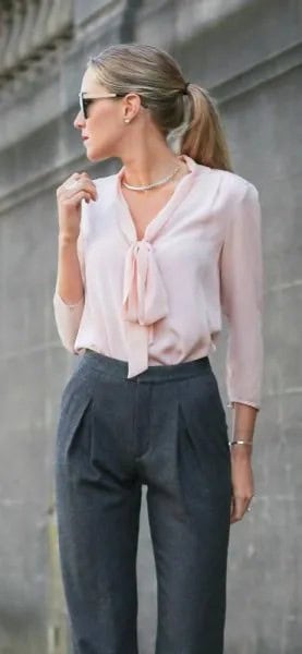 White Tie Neck Silk Blouse with Grey High Waisted Chinos