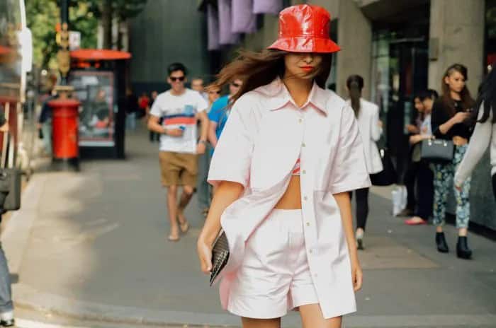 Red Leather Bucket Hat with Pale Pink Oversized Shirt & Shorts