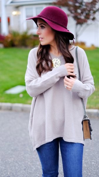 Grey Tunic Sweater with Black Floppy Hat