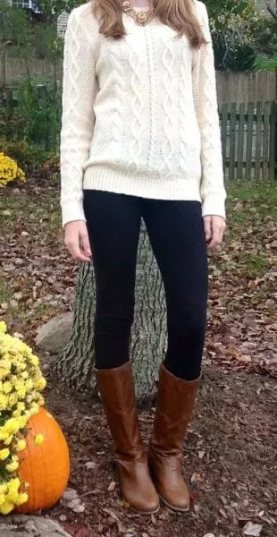 White Cable Knit Sweater with Black Leggings & Brown Leather Knee High Boots