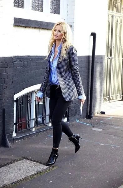 Black and White Checkered Blazer with Light Blue Shirt & Leather Boots