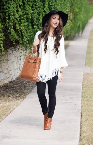 White Fringe Poncho Sweater with Black Floppy Hat