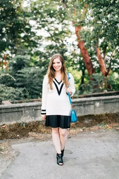 White and Black Sweater with Black Mini Skirt & Open Toe Boots