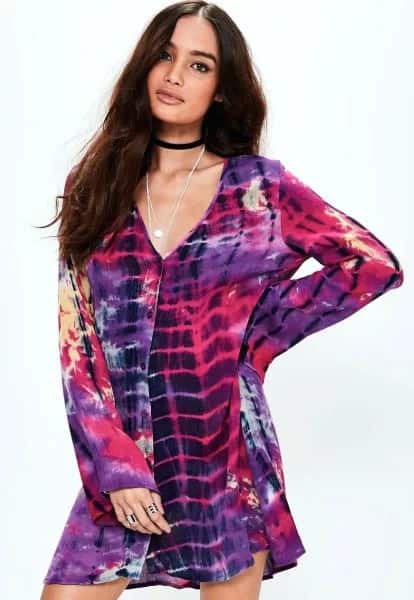 Blue and Pink Chiffon Tie Dye Long Sleeve Shirt Dress with Choker