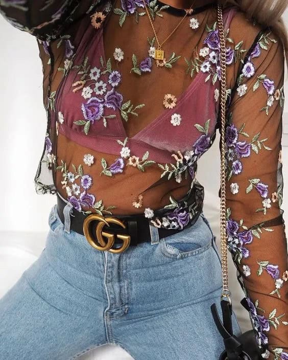 High Waist Jeans + Embroidered Mesh Top