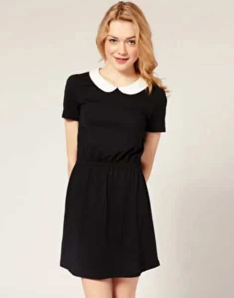 Rounded White Collared Black Mini Skater Dress