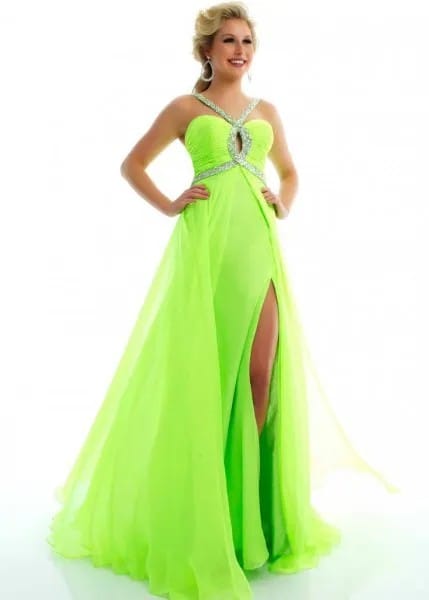 Green and Silver Sequin Chiffon High Split Maxi Flowy Prom Dress