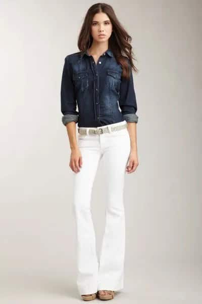 Dark Blue Denim Button Up Shirt with Belted White Jeans