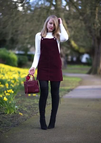 White Crew Neck Sweater with Black Corduroy Dress