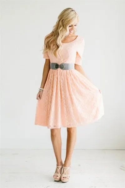 Peach Short Sleeve Belted Fit and Flare Knee Length Dress