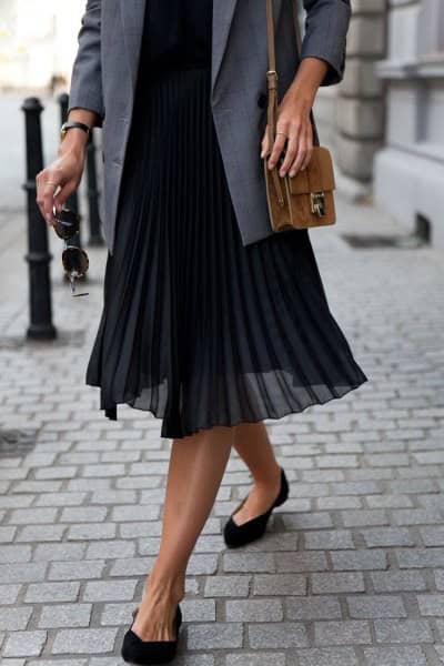 Grey Suit Jacket with Sweater & Black Pleated Midi Chiffon Skirt