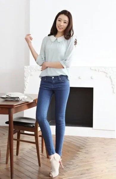 Pale Pink Rounded Collar Blouse with Blue Jeans