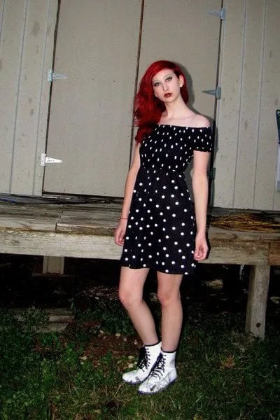 Black and White Polka Dot Dress with White Boots