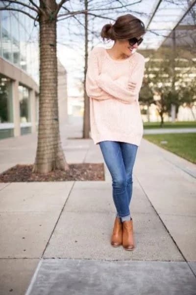 Oversized Tunic Pullover with Blue Cuffed Skinny Jeans & Leather Boots