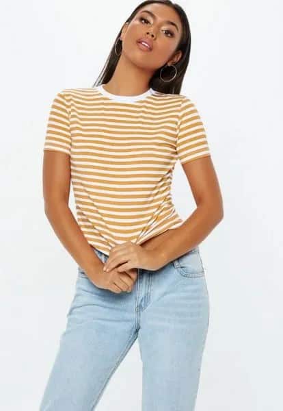 Mustard Yellow and White Striped Fitted T Shirt with Light Blue Slim Fit Jeans