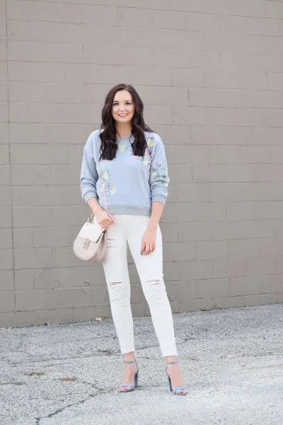 Sky Blue Sweater with White Ripped Skinny Jeans