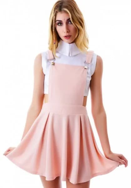 White Cropped Sleeveless Blouse with Blush Pink Mini Skater Suspender Dress