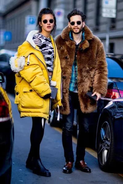 Black and White Printed Sweater with Oversized Yellow Coat