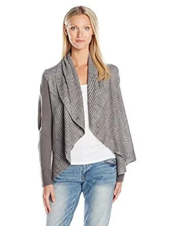 Grey Ribbed Shawl Collar Sweater with Boyfriend Jeans