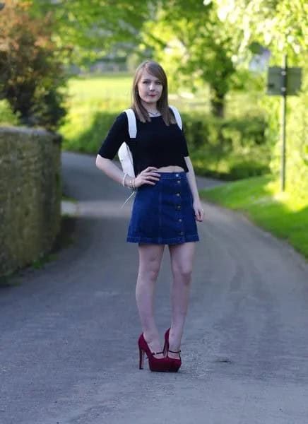 Black Half Sleeve Crop Top with Blue Mini Flared Denim Skirt