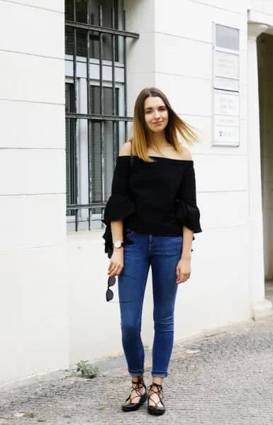 Black Off The Shoulder Half Sleeve Blouse with Blue Skinny Cuffed Jeans