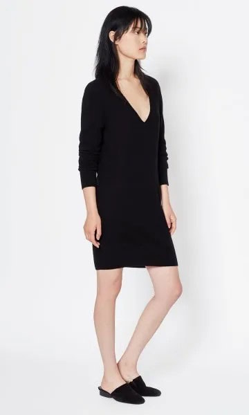 Long Sleeve Black Deep V Neck Cashmere Mini Dress