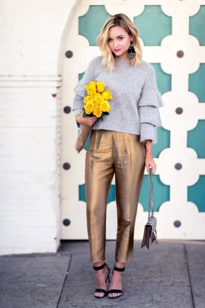 Grey Ruffle Sleeve Crew Neck Sweater with Gold High Waisted Ankle Chinos