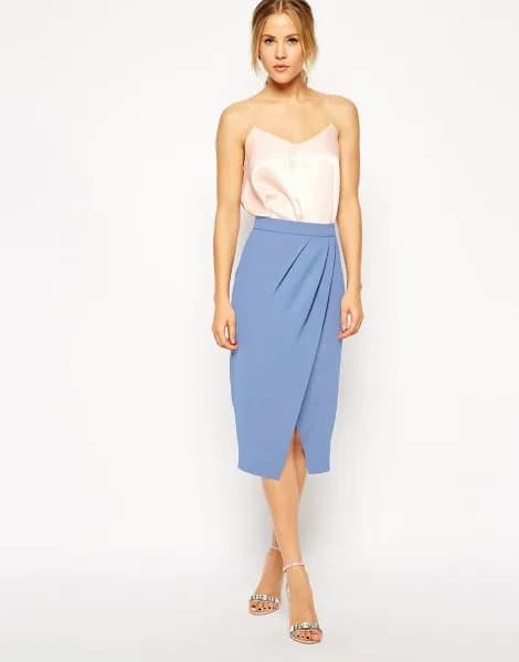 White Silk Camisole with Sky Blue Tulip Skirt