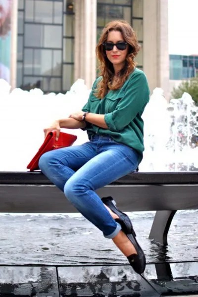 Grey Button Up Shirt with Light Blue Cuffed Jeans