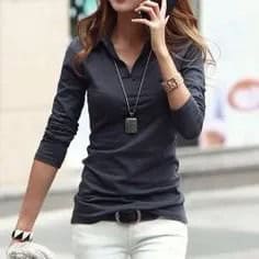 Grey Long Sleeve Skinny-Fit Polo Shirt with White Jeans