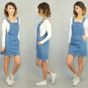 White Cropped Form Fitting Sweater with Blue Denim Suspender Dress