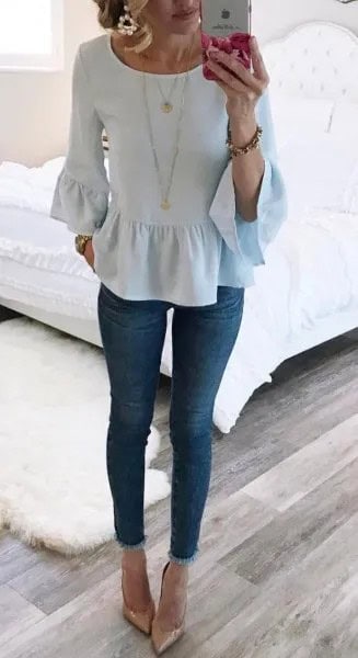 White Bell Sleeve Ruffle Hem Blouse