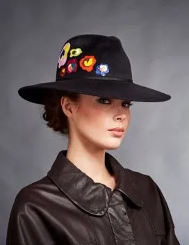 Black Embroidered Bush Hat with Rounded Collar Leather Shirt