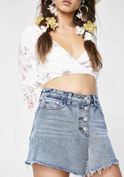 White Long Sleeve Deep V Neck Crop Top with Denim Skort